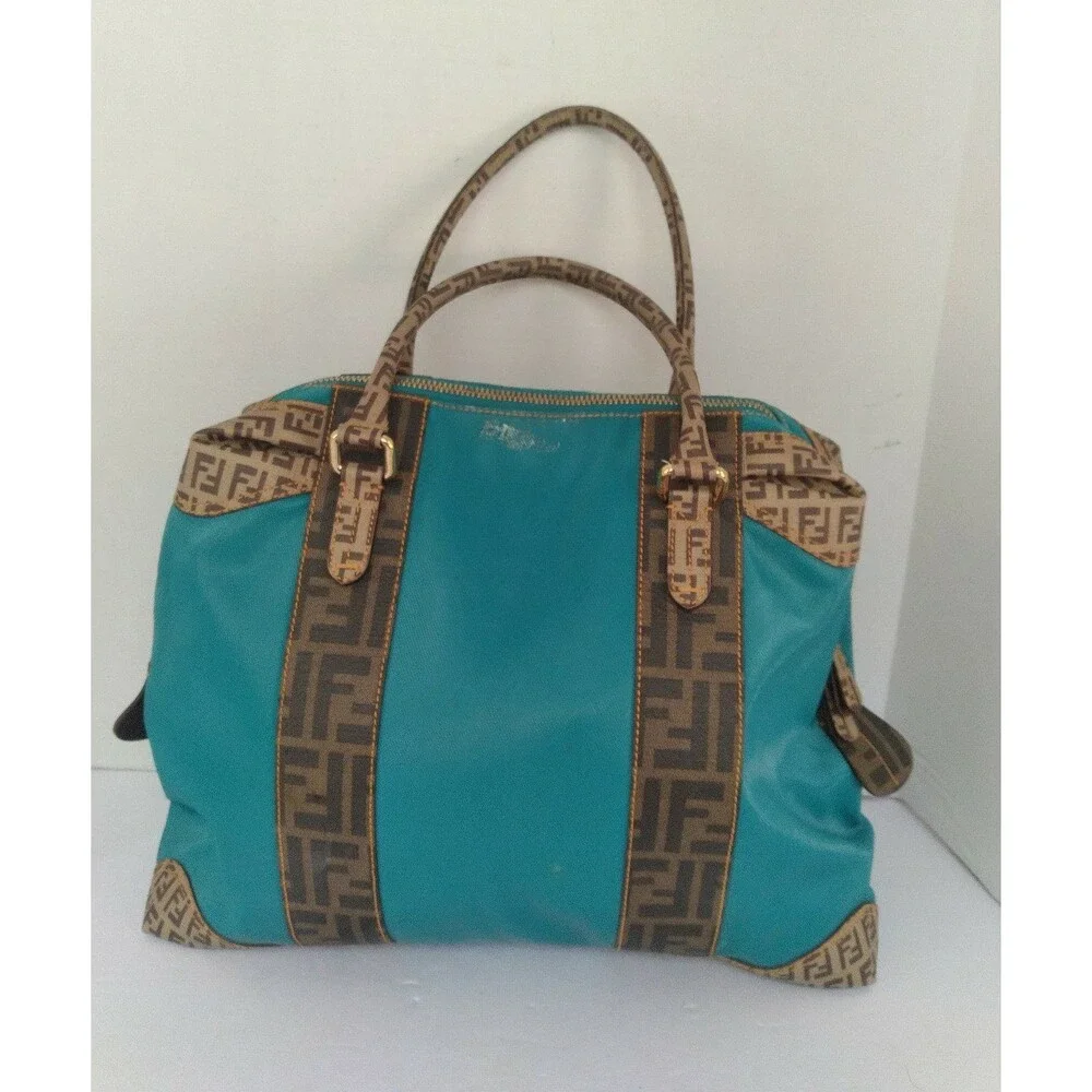 Fendi Monogram Turquoise Leather Tote Bag with FF‎ Pattern Trim Designer Handbag